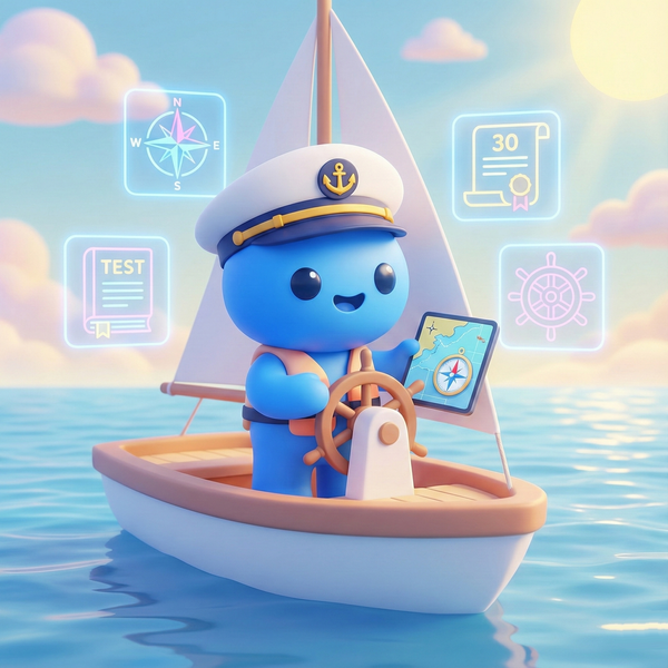 פלטפורמת מילי ללימוד תיאוריה למשיט 30 - דמות מצוירת כקפטן סירה עם אייקונים של ניווט ומבחנים